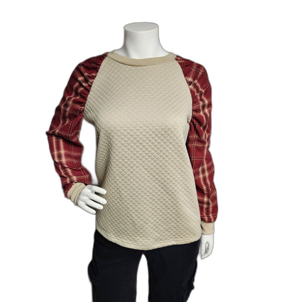Shein Tall Plaid Flannel Sleeve Waffle Knit Top Size S Tall Red Beige